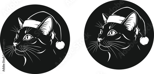 Two black cat heads wearing Santa hats in circular frames on a white background cats feline