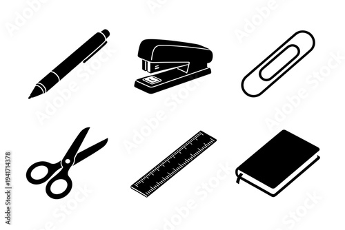 Set of professional office supplies and stationery icons including writing tools and desk accessories for business and education design tasks