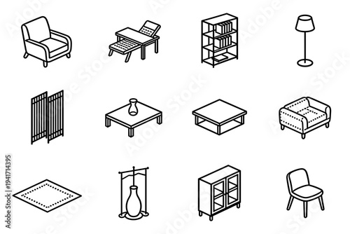 Assortment of interior furniture and home decoration line icons for modern living room design and interior architecture project presentations