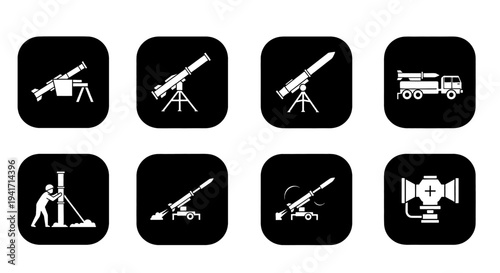 White icons of various telescopes on black squares