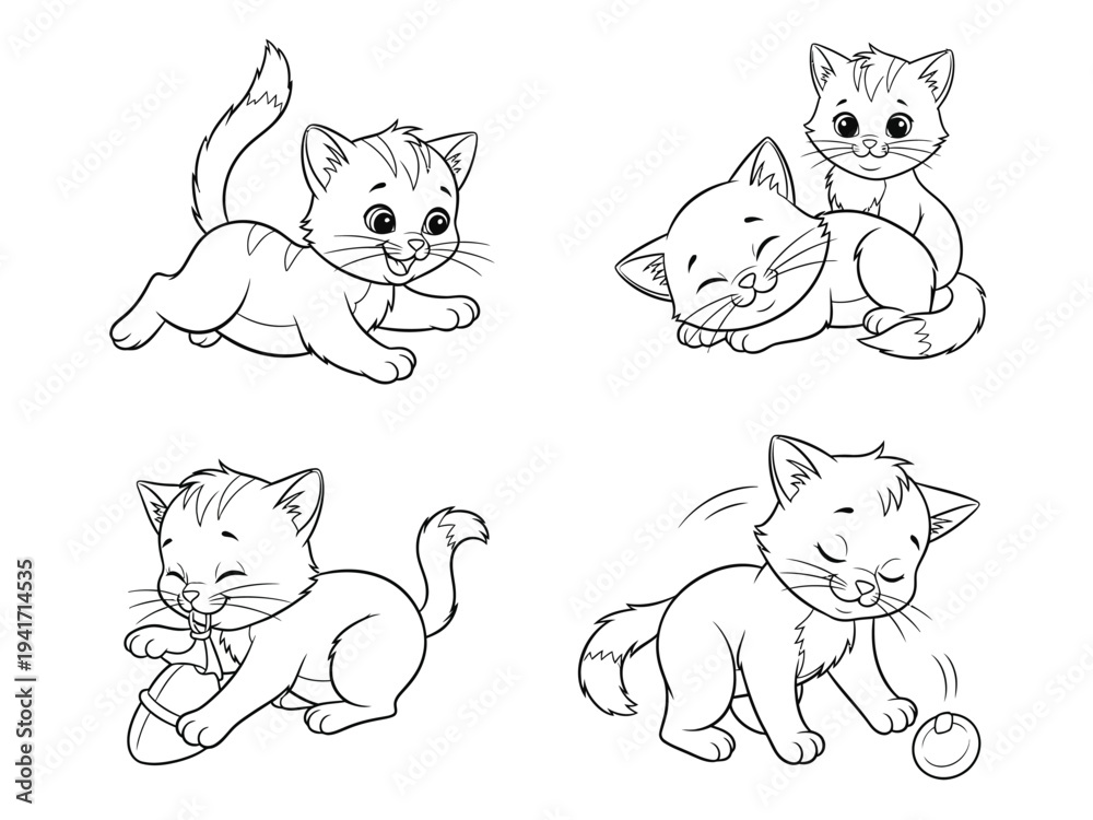 Obraz premium this image displays a collection of adorable cartoon kittens in various playful poses including lounging stretching and batting at a ball
