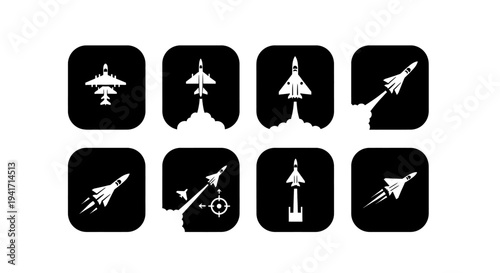 Collection of white rocket and airplane icons on black background