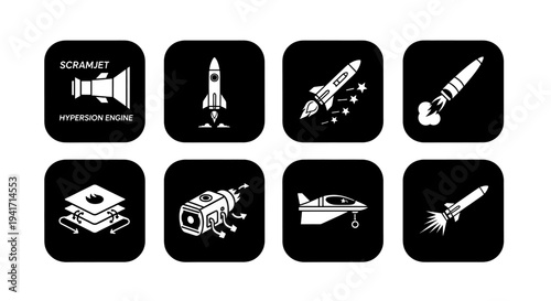 Space icons set with rockets and satellites on black background