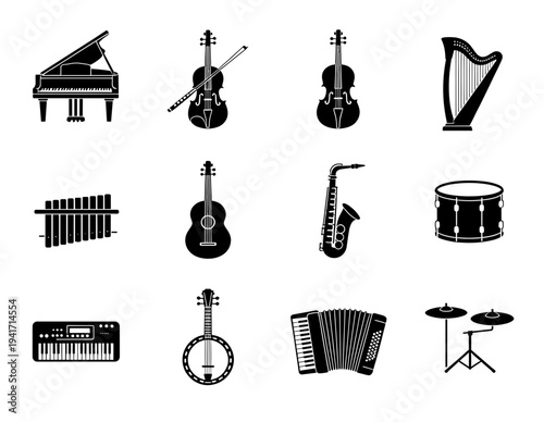 Musical instruments collection featuring piano violin harp xylophone guitar saxophone drum keyboard banjo accordion and cymbals in black vector icon set for orchestra