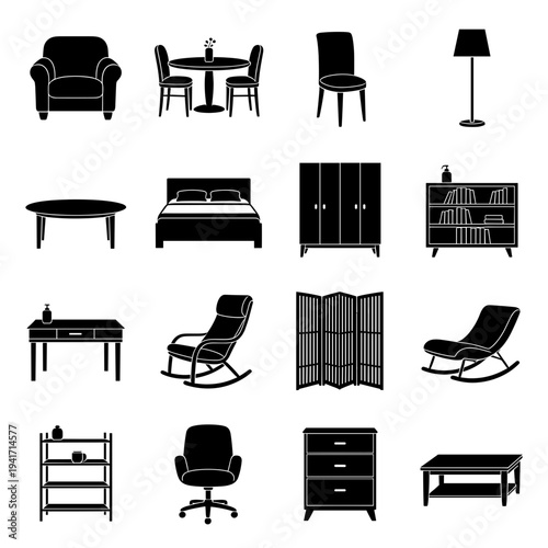 Furniture and interior design icons set featuring armchair dining set chair lamp coffee table bed wardrobe bookshelf desk rocker screen shelves office chair and dresser