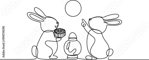 couple of rabbits celebrate mid autumn festival. one line art icon drawing vector