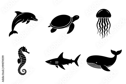 Set of marine life and ocean animal black silhouette icons for nature education biology and aquatic themed design projects collection