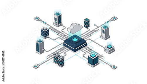 Digital network infrastructure with interconnected servers and cloud storage.