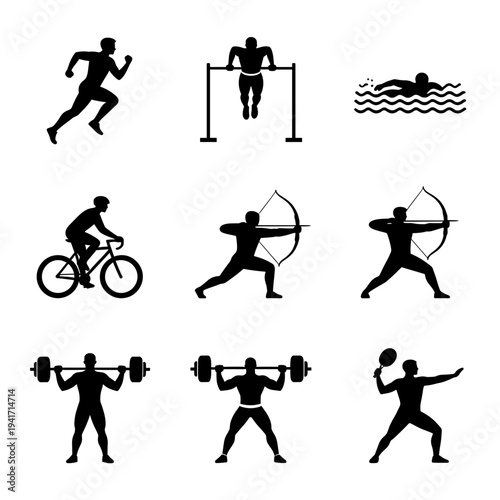 Professional collection of sports and fitness activity icons in black silhouette depicting various athletic disciplines including swimming and gym exercises