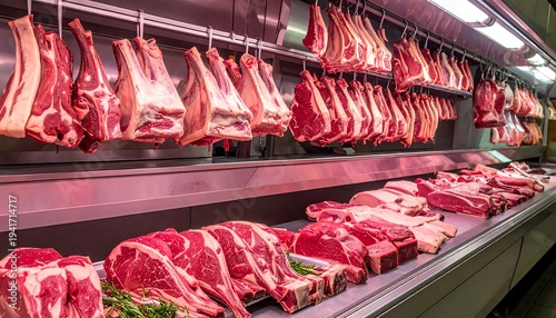 Raw meat cuts hang above and rest on display shelves, lit under bright lights in a butcher shop