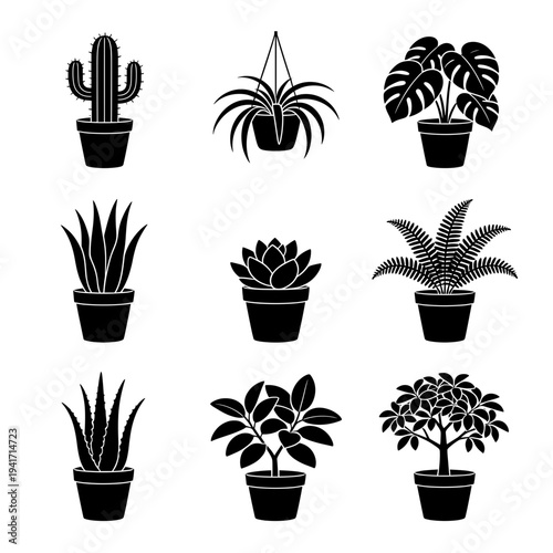 Diverse collection of indoor and outdoor potted plant icons rendered in black silhouette style including succulents and decorative house plants for interior design