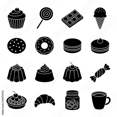 Assortment of sweet dessert and bakery item icons in black silhouette including cupcakes, candy, chocolate, donuts, pastries and hot beverages for cafe menus