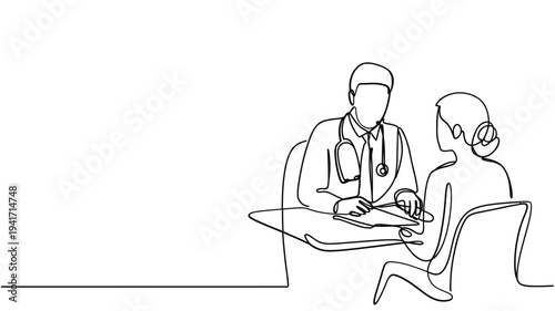 Doctor and patient consultation depicted in a continuous line drawing style