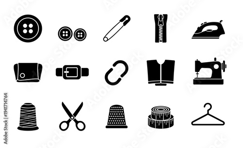 Comprehensive sewing and tailoring tool icons in black silhouette including buttons, needle, zipper, iron, scissors, tape measure, sewing machine and hangers