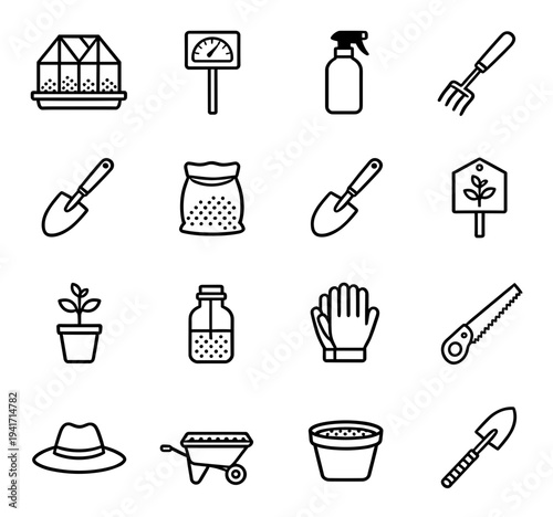 High quality collection of gardening tools and plants equipment vector icons set for agriculture hobby and home landscaping projects isolated on white