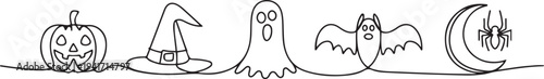 halloween design element set decoration in continuous. one line art icon drawing vector