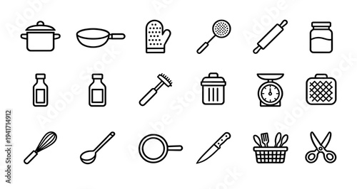 Kitchen cooking utensils and culinary tools vector icons set for professional chefs restaurants and household food preparation and baking tasks