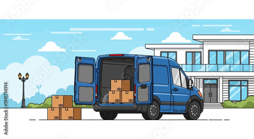 Blue delivery van parked outside a modern building with cardboard boxes.