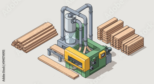 Industrial wood processing machine with lumber stacks.