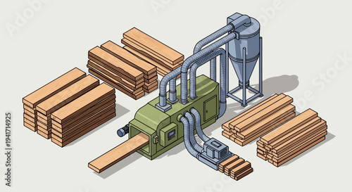 Industrial wood processing machinery with lumber stacks.