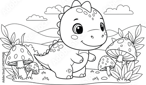 a charming illustration depicts a cute baby dinosaur wandering through a whimsical landscape filled with mushrooms and fluffy clouds high quality