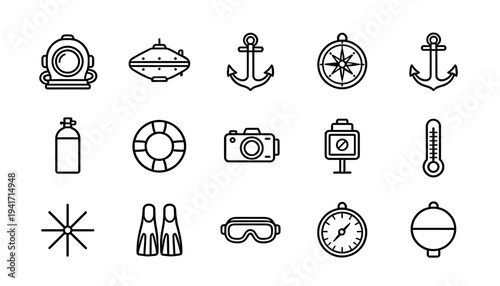 Marine and underwater diving equipment vector icons set for ocean exploration snorkeling scuba gear and nautical navigation tools for adventure travel
