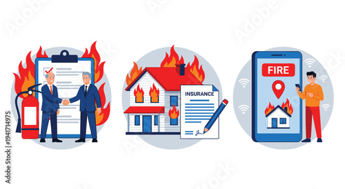 Fire insurance concept with house, extinguisher, and documents