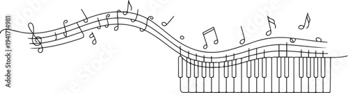 piano keyboard curve shape one line continuous drawing and music notes minimalism decorative. one line art icon drawing vector
