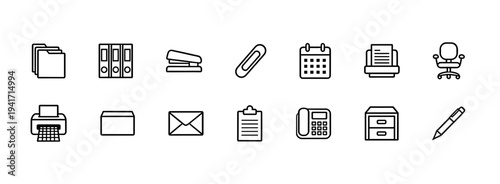 Professional office and administrative supply icons collection featuring document storage stationery and communication devices for workspace organization