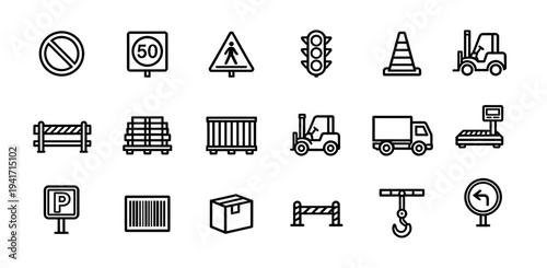 Industrial warehouse and logistics management icon set featuring transportation handling equipment safety signs and cargo storage symbols for supply chain operations workflow
