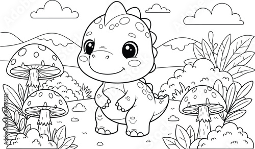 a charming black and white illustration depicts a cute baby dinosaur standing amongst whimsical mushrooms and fluffy clouds in a playful scene