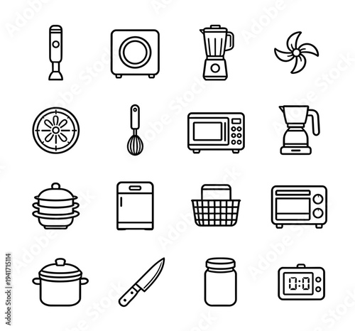 Collection of kitchen appliance icons, household cooking tools and domestic electronic equipment symbols for culinary website or app design