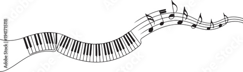 piano keyboard curve shape one line continuous drawing and music notes minimalism decorative. one line art icon drawing vector