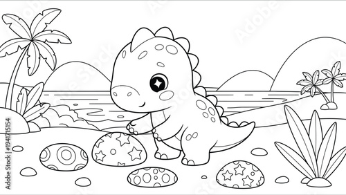 a delightful scene of a cute baby dinosaur exploring a tropical landscape with palm trees and eggs high quality professional detailed