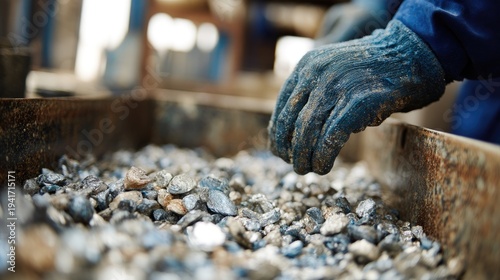 Wallpaper Mural A close-up shot focuses on a gloved hand carefully examining a pile of dark gray, rough-textured rocks. Torontodigital.ca