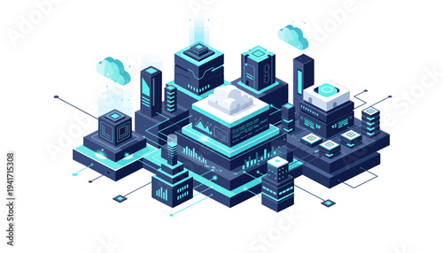 Isometric cityscape with futuristic buildings and technology elements.