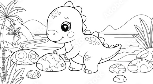 a charming black and white illustration features a cute baby dinosaur standing among rocks and lush tropical foliage high quality professional