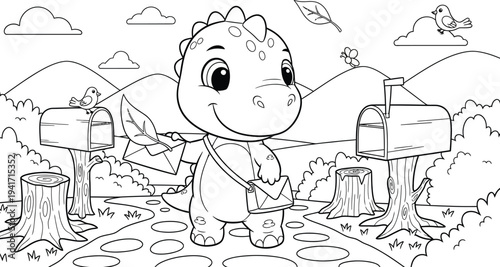 a charming black and white illustration depicts a cute baby dinosaur delivering mail through a whimsical forest landscape with birds