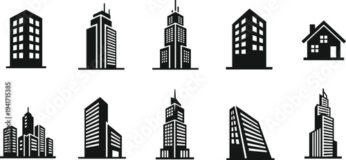 Collection of Stylized Building Icons Silhouette Modern Architecture Residential and Commercial skyscraper