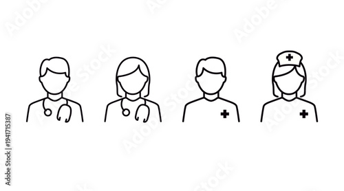 Clean black line vector icon set featuring a male doctor, female doctor, male nurse and female nurse. Represents healthcare professionals, medical staff, hospitals, clinics, health services 
