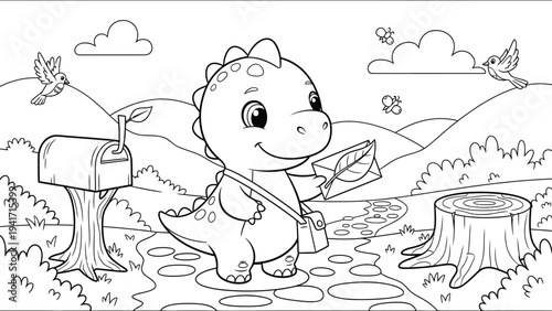 a charming illustration depicts a cute baby dinosaur delivering a letter with a cheerful expression accompanied by birds and clouds