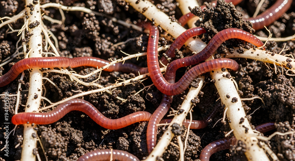 Obraz premium Worms crawl on roots in dark soil environment with earthworms moving