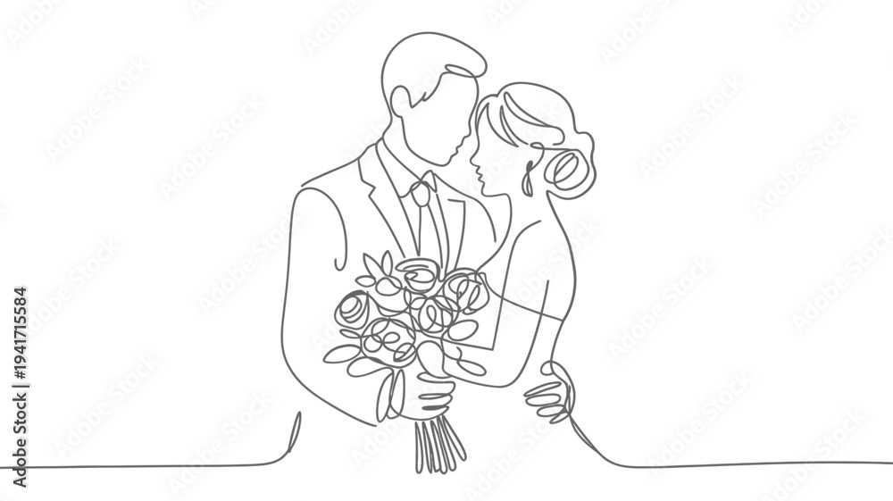 Obraz premium A minimalist line drawing depicts a couple embracing during a wedding