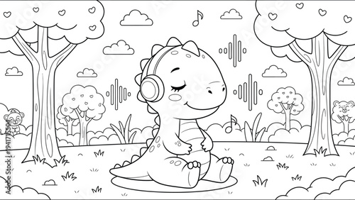 a charming illustration depicts a relaxed dinosaur listening to music with headphones in a peaceful forest setting with trees and clouds