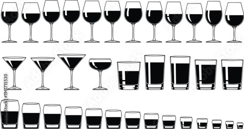Collection of Various Drink Glasses Filled with Liquid Black and White Vector Art wine glass cocktail glass