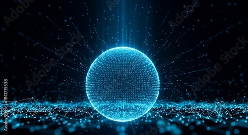 Glowing sphere emitting lines of light in a dark, interconnected network