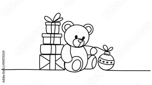 Simple line drawing of a teddy bear with gifts and ornaments