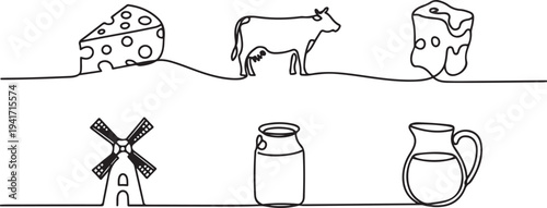  Set of continuous one line drawing of a cheese theme. One line of cheese, cow, mill, can, pitcher isolated on white background. one line art icon drawing vector