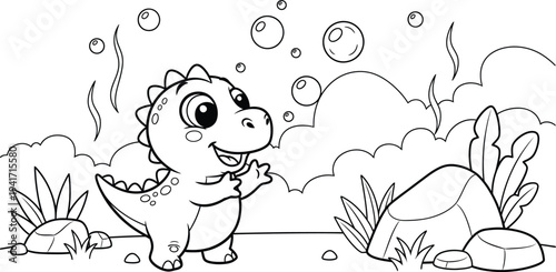 a charming cartoon illustration depicts a cute baby dinosaur playfully blowing bubbles amidst lush vegetation and rocks high quality professional detailed