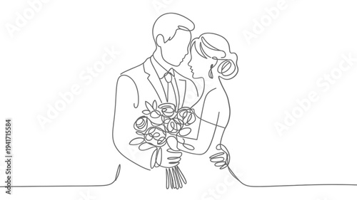 A minimalist line drawing depicts a couple embracing during a wedding